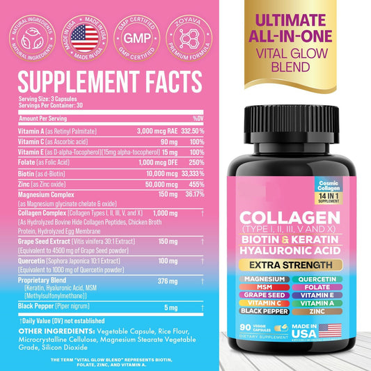 Cápsulas de colágeno tipo I, II, III, V y X, vitamina E, zinc, magnesio, ácido fólico con extracto de semilla de uva y quercetina (60 cápsulas).