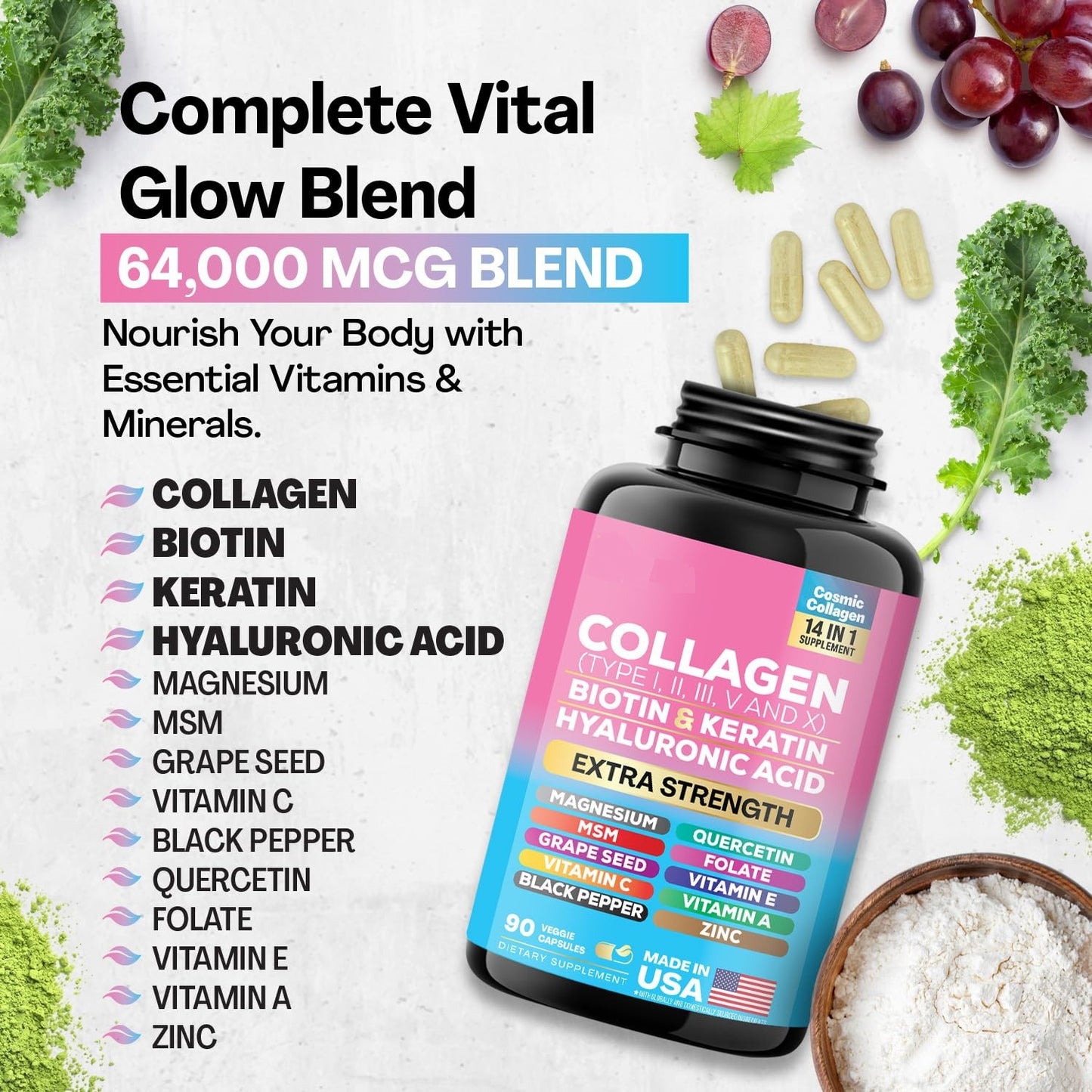 Cápsulas de colágeno tipo I, II, III, V y X, vitamina E, zinc, magnesio, ácido fólico con extracto de semilla de uva y quercetina (60 cápsulas).